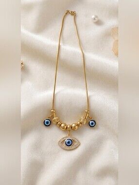 Gold Evil Eye Rhinestone Pendant Snake Chain Necklace